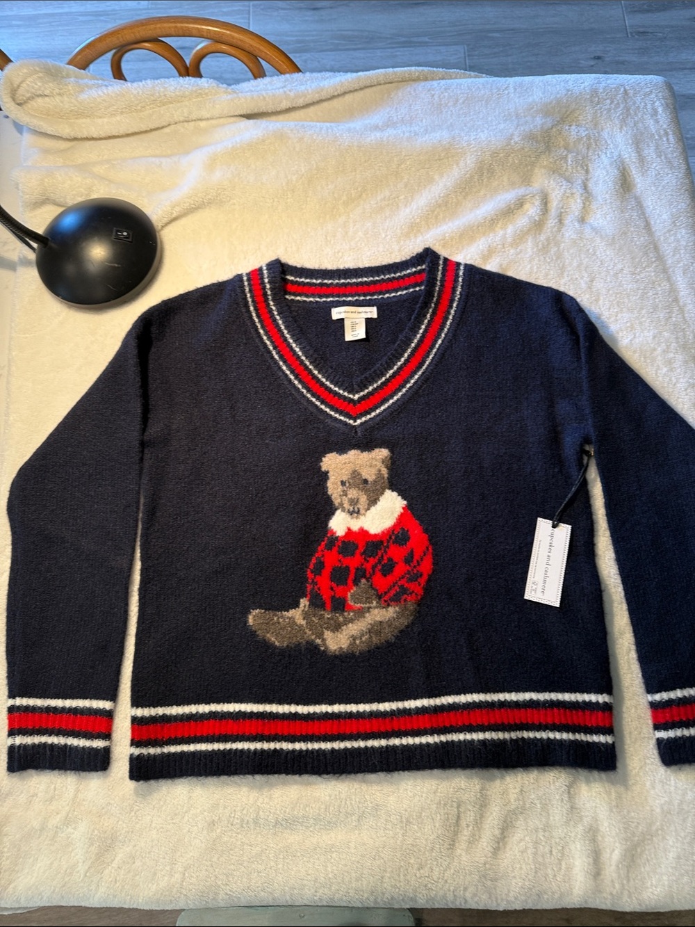 cupcakes & cashmere Navy V-Neck Sweater with Teddy Bear Motif